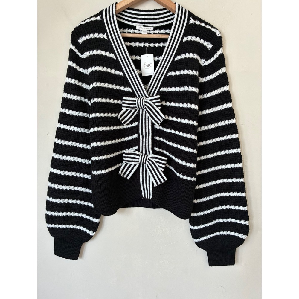 Cato Coquette Girl Black White Striped Bow Front Chunky Knit Cardigan Sweater M